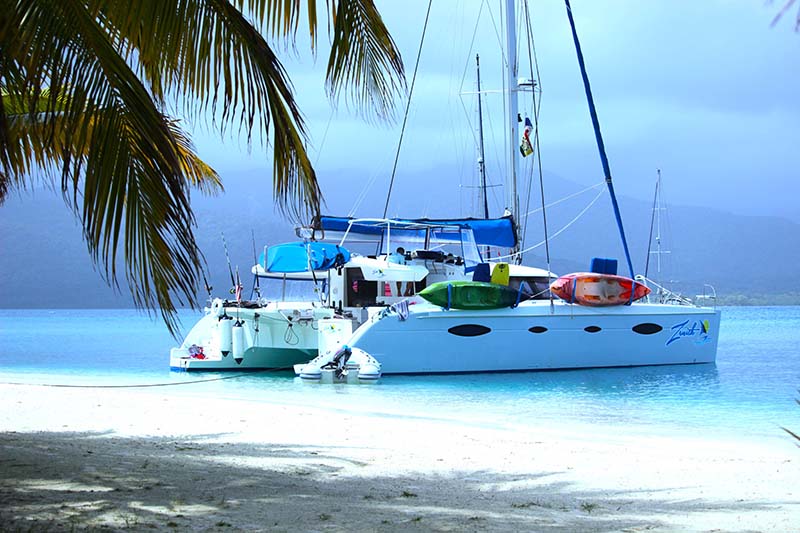 ZENITH luxury catamaran anchored on a paradise beach in San Blas, Panama